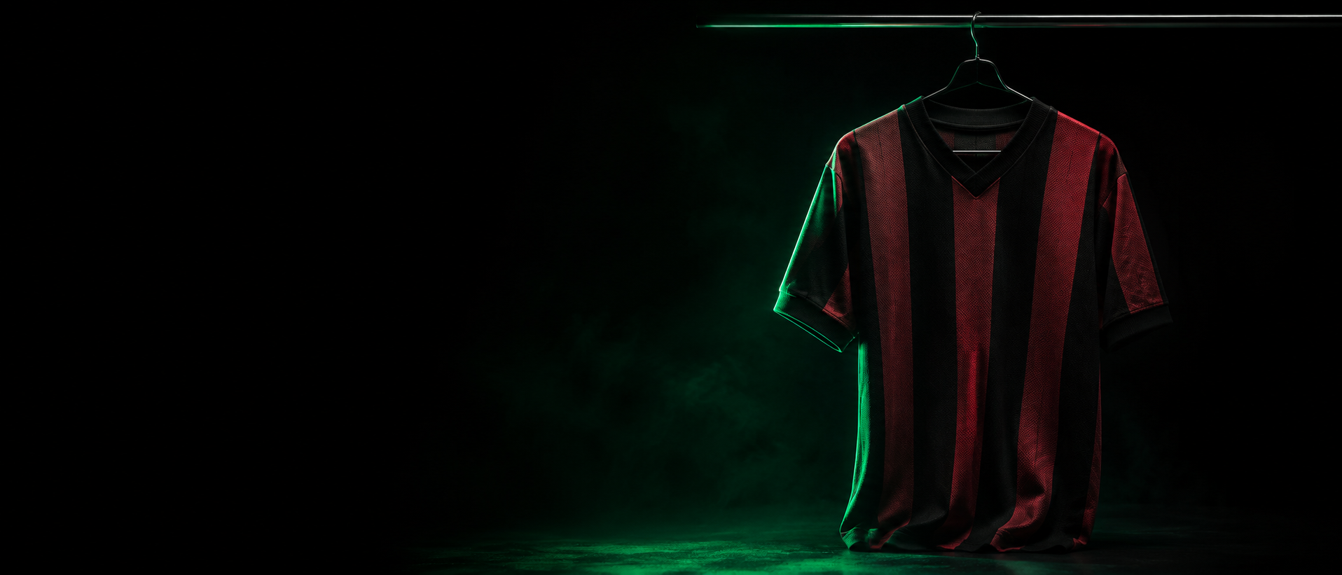 Maillot de football rétro suspendu sur un portant, éclairé d'un halo vert néon sur fond noir — BallersGrip